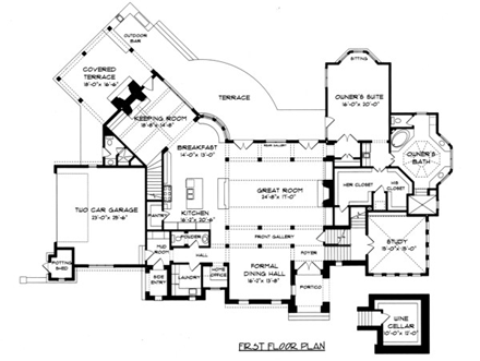European, Tudor House Plan 53748 with 5 Beds, 7 Baths, 4 Car Garage First Level Plan