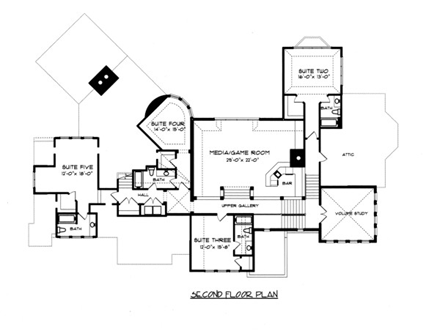 European, Tudor House Plan 53748 with 5 Beds, 7 Baths, 4 Car Garage Second Level Plan