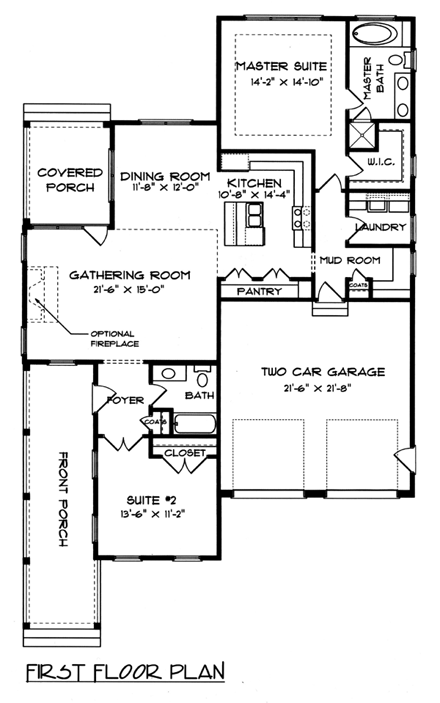 Craftsman House Plan 53752 with 2 Beds, 2 Baths, 2 Car Garage First Level Plan