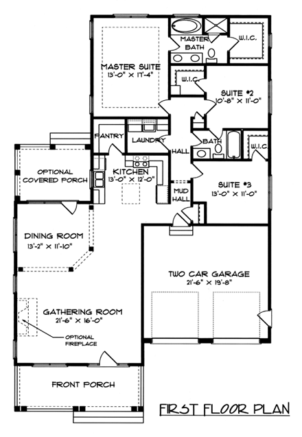 Colonial, Farmhouse House Plan 53754 with 3 Beds, 2 Baths, 2 Car Garage First Level Plan