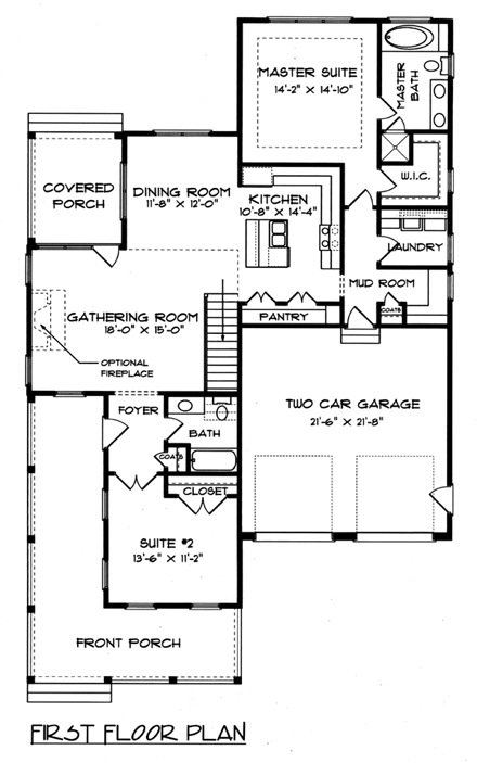 Colonial, Farmhouse, Victorian House Plan 53757 with 2 Beds, 2 Baths, 2 Car Garage First Level Plan