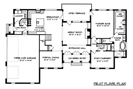 Colonial House Plan 53770 with 4 Beds, 4 Baths, 3 Car Garage First Level Plan