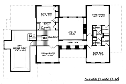 Colonial House Plan 53770 with 4 Beds, 4 Baths, 3 Car Garage Second Level Plan