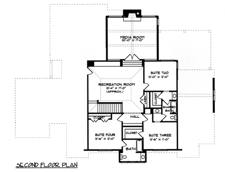 Craftsman, Tudor, Tuscan House Plan 53773 with 4 Beds, 4 Baths, 3 Car Garage Second Level Plan