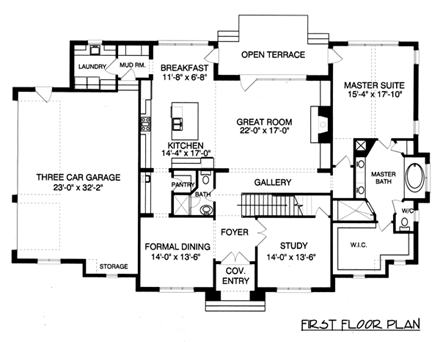 Tudor House Plan 53792 with 4 Beds, 4 Baths, 3 Car Garage First Level Plan