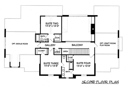 Tudor House Plan 53792 with 4 Beds, 4 Baths, 3 Car Garage Second Level Plan