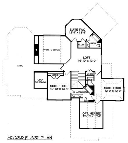 House Plan 53797 with 4 Beds, 4 Baths, 3 Car Garage Second Level Plan