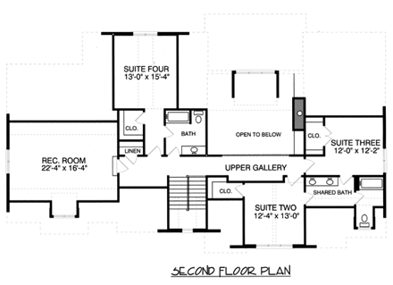 Country House Plan 53800 with 4 Beds, 4 Baths, 3 Car Garage Second Level Plan