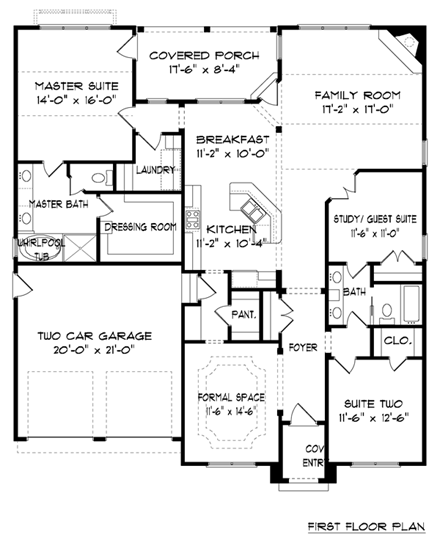 Bungalow, Craftsman, Tudor House Plan 53832 with 3 Beds, 2 Baths, 2 Car Garage First Level Plan