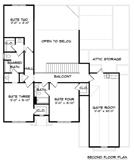 Tudor House Plan 53852 with 5 Beds, 4 Baths, 2 Car Garage Second Level Plan