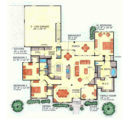 European, Traditional House Plan 53901 with 3 Beds, 3 Baths, 3 Car Garage First Level Plan