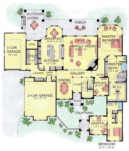 House Plan 53905 with 5 Beds, 5 Baths, 3 Car Garage First Level Plan