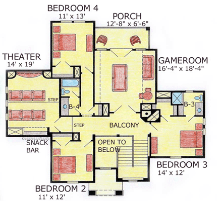 House Plan 53905 with 5 Beds, 5 Baths, 3 Car Garage Second Level Plan