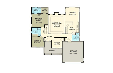 Ranch House Plan 54001 with 2 Beds, 2 Baths, 2 Car Garage First Level Plan