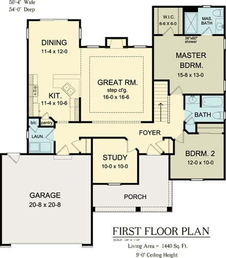 Ranch House Plan 54004 with 2 Beds, 2 Baths, 2 Car Garage First Level Plan