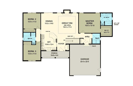 Ranch House Plan 54005 with 3 Beds, 2 Baths, 2 Car Garage First Level Plan