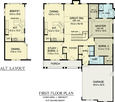 Ranch House Plan 54010 with 3 Beds, 2 Baths, 2 Car Garage First Level Plan