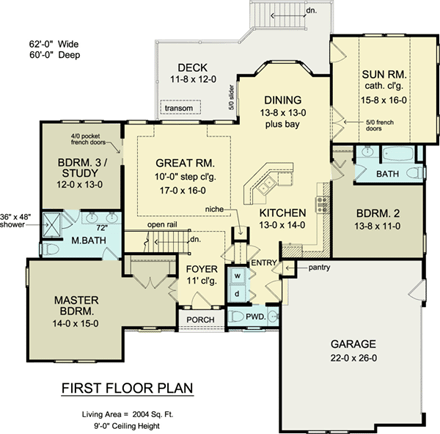 Ranch House Plan 54029 with 3 Beds, 3 Baths, 2 Car Garage First Level Plan