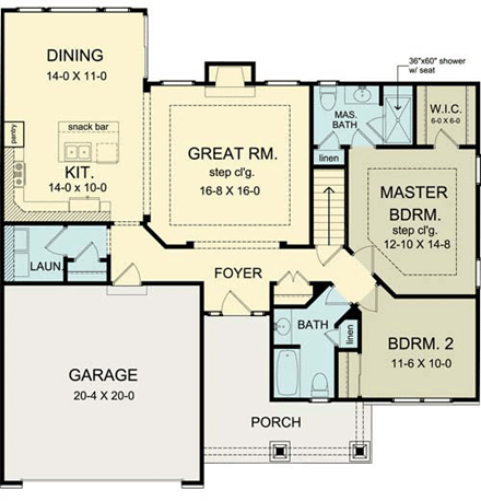 Ranch House Plan 54055 with 2 Beds, 2 Baths, 2 Car Garage First Level Plan