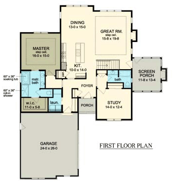 Ranch House Plan 54069 with 3 Beds, 3 Baths, 2 Car Garage First Level Plan