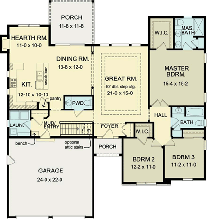 Ranch House Plan 54075 with 3 Beds, 3 Baths, 2 Car Garage First Level Plan