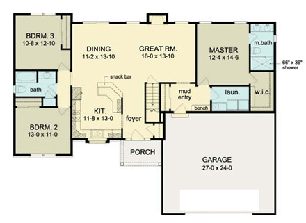 Ranch House Plan 54089 with 3 Beds, 2 Baths, 2 Car Garage First Level Plan
