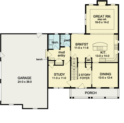 House Plan 54096 with 4 Beds, 3 Baths, 3 Car Garage First Level Plan