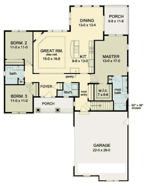 Ranch House Plan 54106 with 3 Beds, 2 Baths, 2 Car Garage First Level Plan