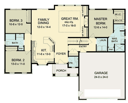 Ranch House Plan 54109 with 3 Beds, 3 Baths, 2 Car Garage First Level Plan