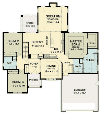 Ranch House Plan 54111 with 3 Beds, 2 Baths, 2 Car Garage First Level Plan