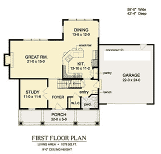 Traditional House Plan 54114 with 3 Beds, 3 Baths, 2 Car Garage First Level Plan