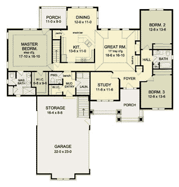 Ranch House Plan 54119 with 3 Beds, 3 Baths, 2 Car Garage First Level Plan