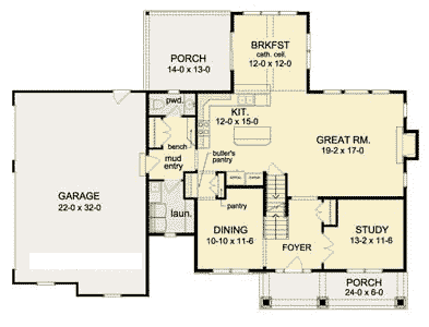 Traditional House Plan 54139 with 4 Beds, 3 Baths, 3 Car Garage First Level Plan