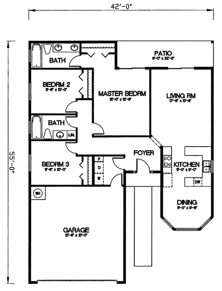 Ranch House Plan 54600 with 3 Beds, 2 Baths, 2 Car Garage First Level Plan