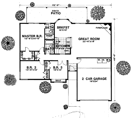 Southwest House Plan 54601 with 3 Beds, 2 Baths, 2 Car Garage First Level Plan
