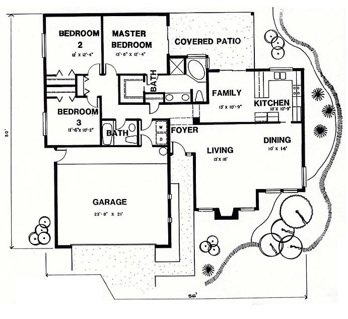 Santa Fe, Southwest House Plan 54604 with 3 Beds, 2 Baths, 2 Car Garage Level One