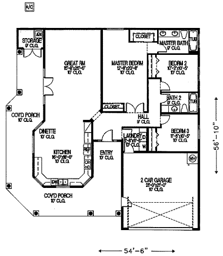 Santa Fe, Southwest House Plan 54607 with 3 Beds, 2 Baths, 2 Car Garage First Level Plan