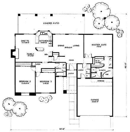 Southwest House Plan 54608 with 3 Beds, 2 Baths, 2 Car Garage First Level Plan