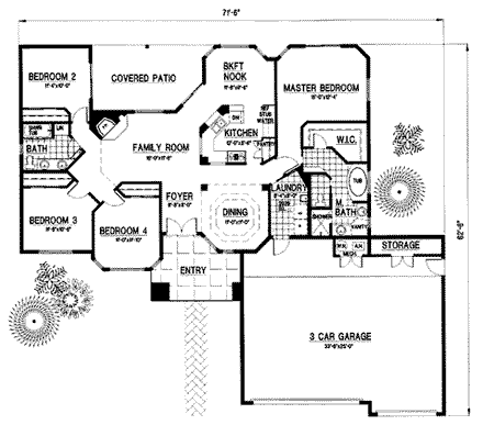 Southwest House Plan 54609 with 4 Beds, 2 Baths, 3 Car Garage First Level Plan