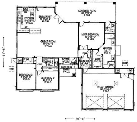 Santa Fe, Southwest House Plan 54615 with 3 Beds, 2 Baths, 2 Car Garage First Level Plan