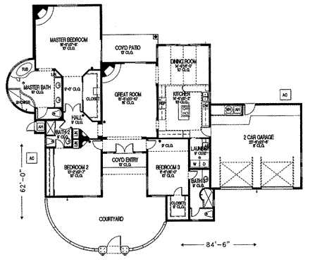Santa Fe, Southwest House Plan 54618 with 3 Beds, 3 Baths, 2 Car Garage First Level Plan