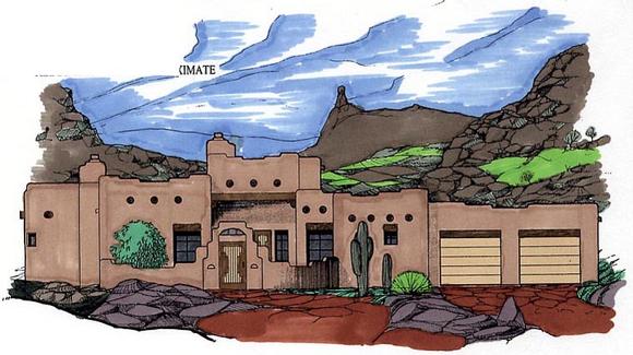 Santa Fe, Southwest House Plan 54618 with 3 Beds, 3 Baths, 2 Car Garage Elevation