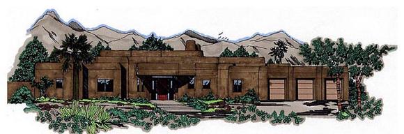 Santa Fe, Southwest House Plan 54619 with 3 Beds, 2 Baths, 2 Car Garage Elevation