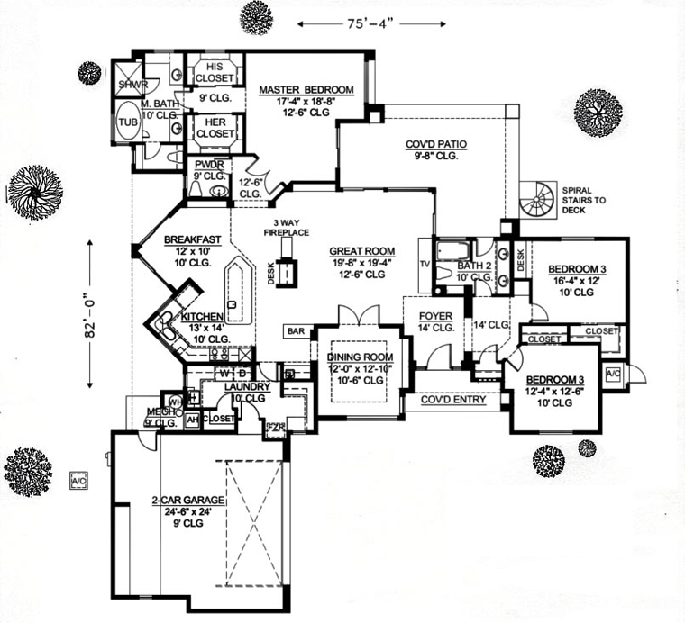 House Plan 54628 - Southwest Style with 2664 Sq Ft, 3 Bed, 2 Bath