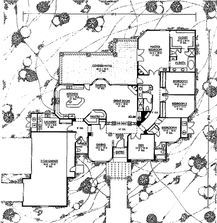 Santa Fe, Southwest House Plan 54651 with 4 Beds, 3 Baths, 3 Car Garage First Level Plan