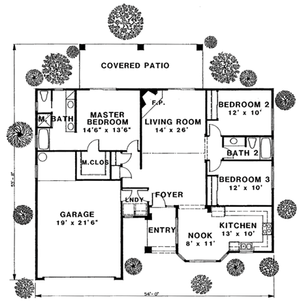 Contemporary, Southwest House Plan 54676 with 3 Beds, 2 Baths, 2 Car Garage First Level Plan
