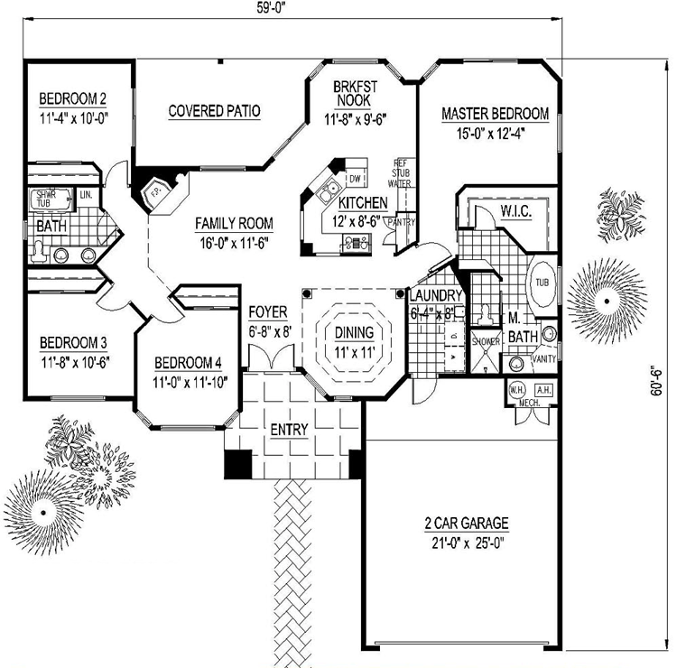 Santa Fe, Southwest House Plan 54678 with 4 Beds, 2 Baths, 2 Car Garage Level One