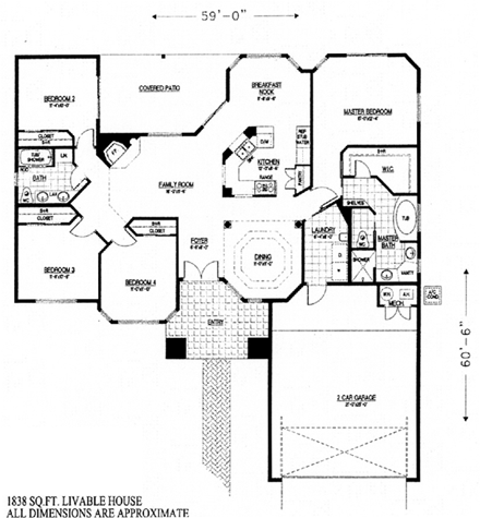 Santa Fe, Southwest House Plan 54678 with 4 Beds, 2 Baths, 2 Car Garage First Level Plan