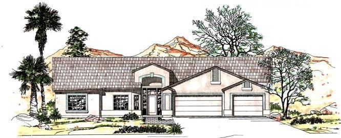 Contemporary, Southwest House Plan 54684 with 4 Beds, 3 Baths, 3 Car Garage Elevation