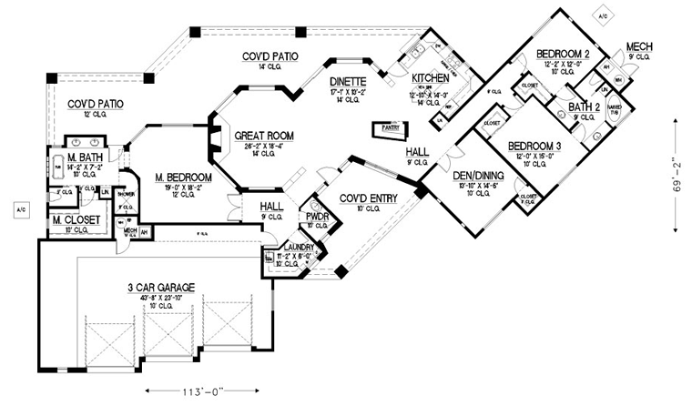 Santa Fe, Southwest House Plan 54687 with 3 Beds, 3 Baths, 3 Car Garage Level One